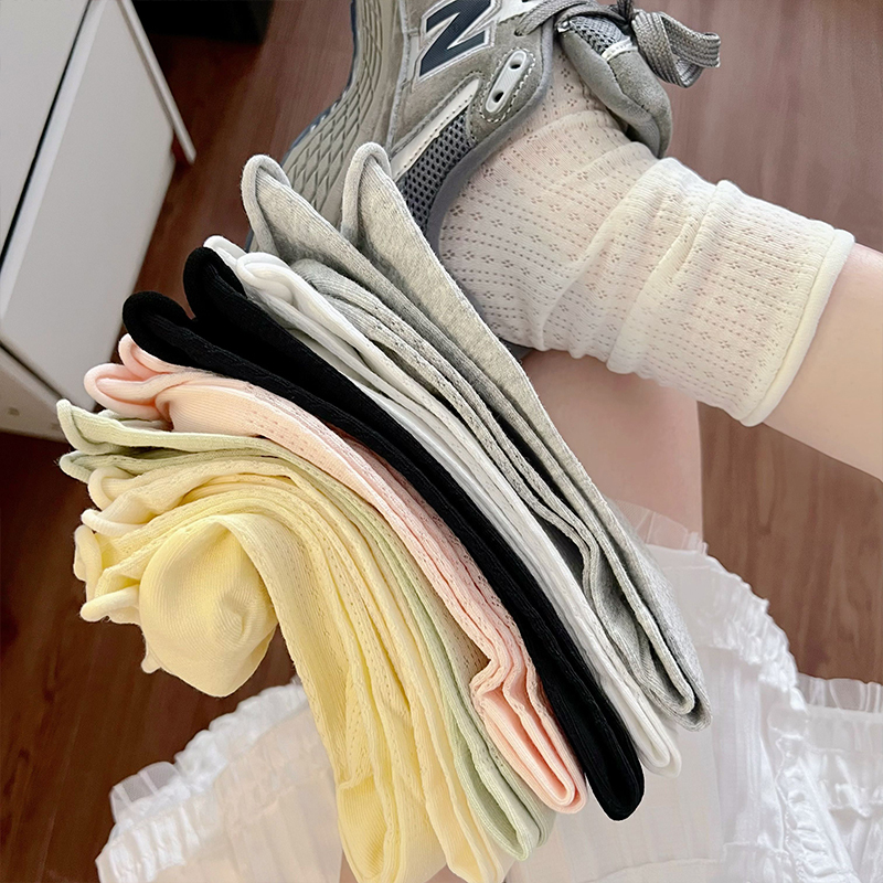 Zhuji Women's Socks for Spring and Summer, Thin Pure Cotton Mid-Calf Socks, Miu Style Ballet-Style Long Socks, Rolled-Edge Mesh Slouch Socks