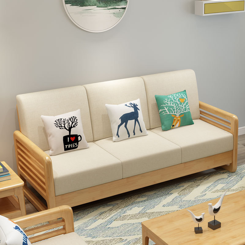 Nórdico sofá de madera maciza combinación simple moderno pequeño apartamento sala de estar de tres asientos sofá de tela de estilo de registro económico