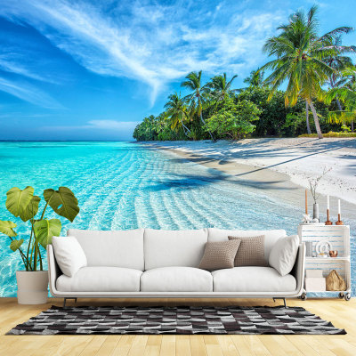 设计5D8D海景椰子树背景墙纸电视背景墙布大海沙滩3D影视墙壁纸