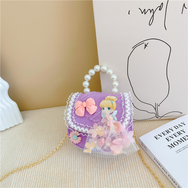 2022 nuevas niñas bolso de perlas de dibujos animados lindo arco princesa bolso de hombro estilo occidental encaje pequeño bolso de hombro