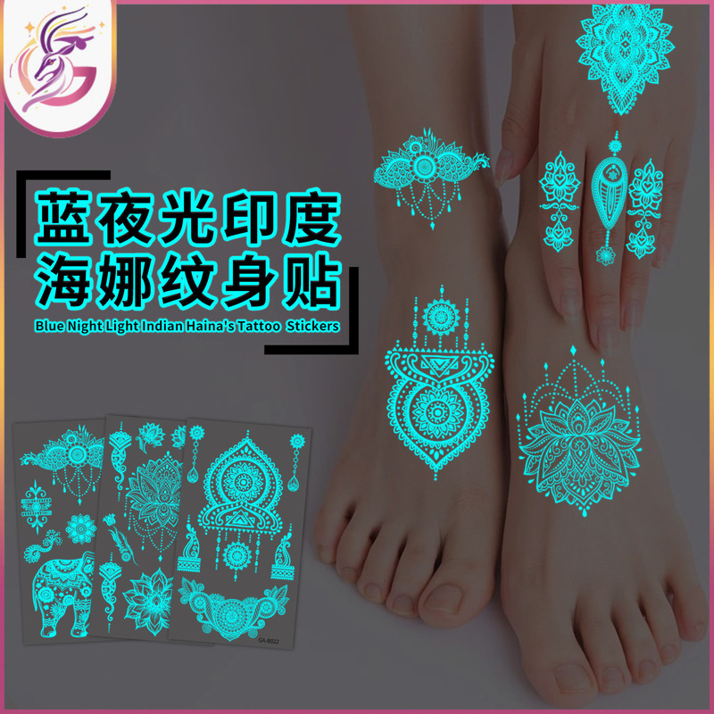 Blue Luminous Indian Henna Tattoo Totem Elephant Peacock Hanna Finger Facial Decoration Sticker Dance Party Disposable Blue Luminous Indian Henna Tattoo Totem Elephant Peacock Hanna Finger Facial Decoration Sticker Dance Party Disposable