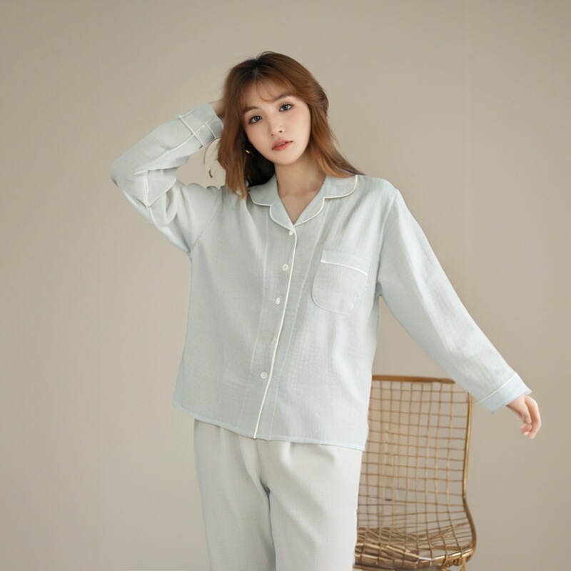 Women's Pure Cotton Solid Color Gauze Pajamas Set Women's Cotton Cotton Yarn Home Clothes Air-conditioning Clothes Long-sleeved Trousers