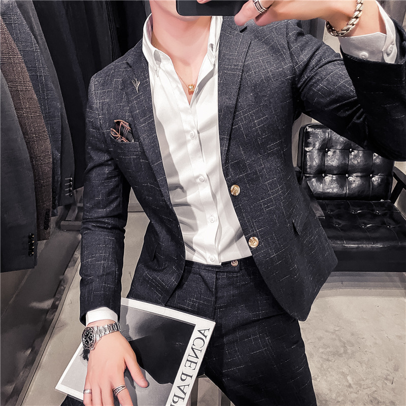 Men's Clothing slim fit dark pattern men's two button suit suit Fashion slim fit banquet dress men's suit + pants_voghion.com