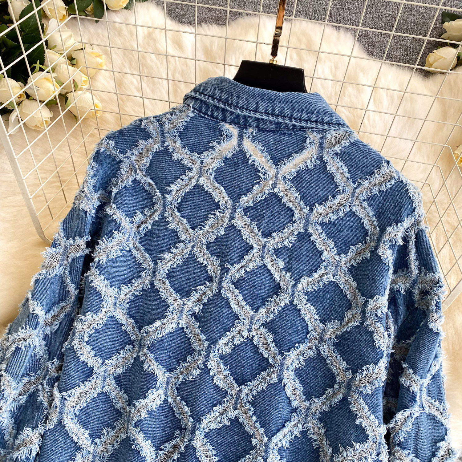 Women's Denim Shirt And Shorts Set Diamond Pattern Frayed Edge_voghion.com