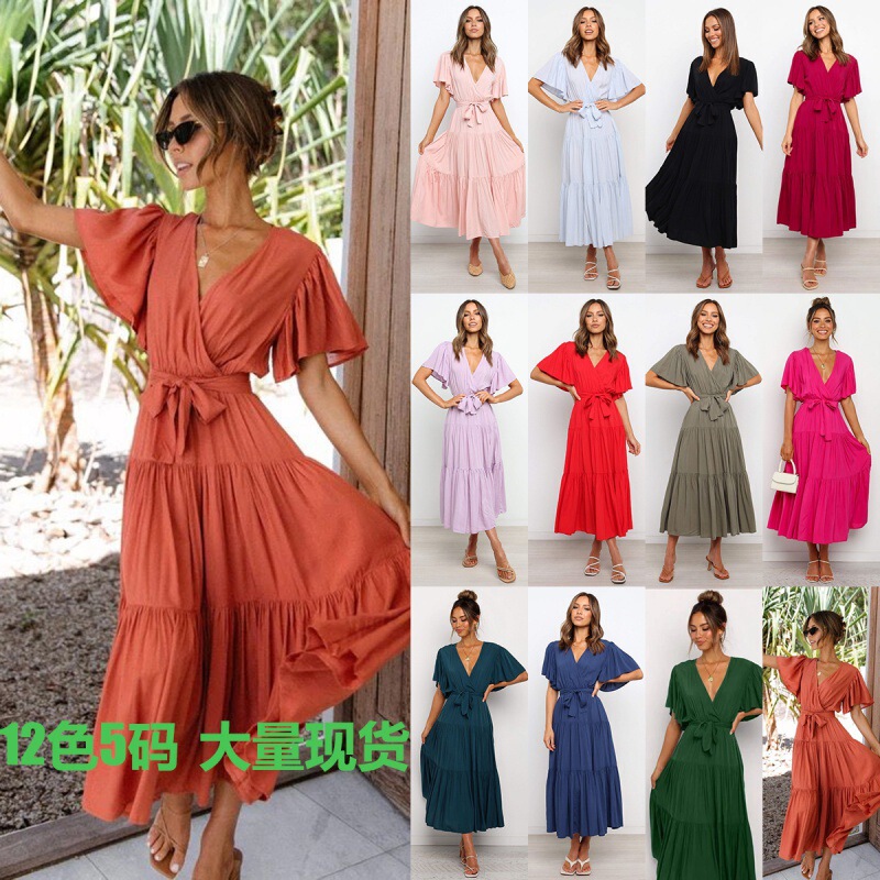 Amazon AliExpress New V-neck Commuter Printed Short Sleeve Tight Waist Dress Bohemian Dress