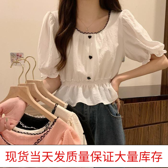 재고 달콤한 스퀘어 칼라 쉬폰 셔츠 여성의 여름 2022 부드러운 스타일 틈새 디자인 흰색 짧은 탑 여름