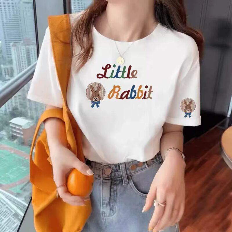 2026 Summer Tiktok Hot-Selling Pure Cotton T-Shirt for Women, Trendy Loose Fit, Regular Shoulder, Personalized Print, Fashionable Women's Top