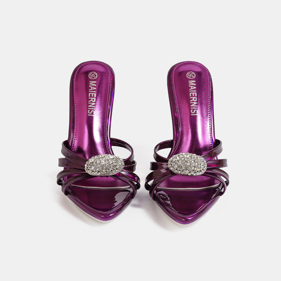 Giày sandal cao gót nữ mũi nhọn quai mảnh đính đá, cỡ lớn, phong cách thanh lịch — Màu be, Màu bạc, Màu trắng, Màu tím chi tiết 2