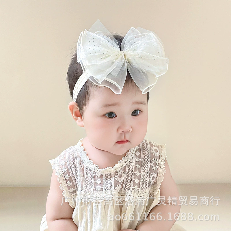 Кремово-белая повязка на голову с бантом для новорожденных в Корейском стиле, кружевной эластичный головной убор для фотосъемки для маленьких девочек в возрасте одного года