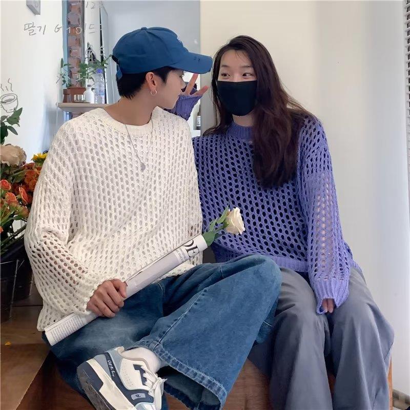 Knitted Hollow Fishing Net Men's Spring and Autumn Fashion Brand Couple's Grid Dipping Top High-grade Woven Sweater Jacket Knitted Hollow Fishing Net Men's Spring and Autumn Fashion Brand Couple's Grid Dipping Top High-grade Woven Sweater Jacket