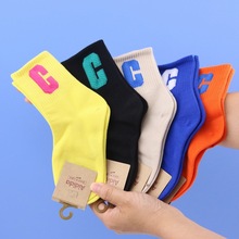 儿童袜子中大童网红潮流棉袜秋冬季新款韩版字母大C中高筒袜子