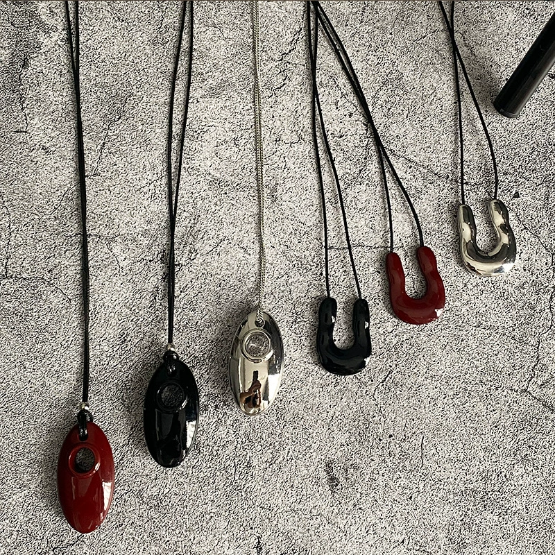Pendant Necklace, Stainless Steel & Leather Rope, Burgundy/Black/Silver, 7 cm Pendant