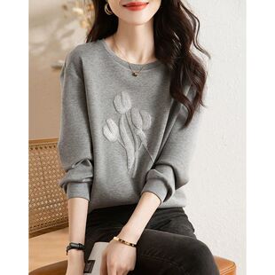 2024 autumn new simple fashion three-dimensional decorative sequins air layer versatile sports texture sweater