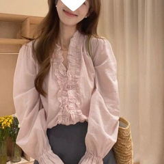 法式温柔风木耳边粉色长袖衬衫女新款独特别上衣韩版领洋气小衫