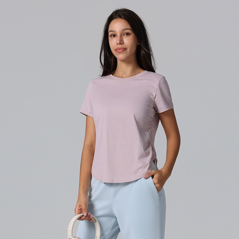 丸首抗菌冷感紐ヨガ半袖スポーツtシャツ女性フィットネス上着ゆったり通気性ランニングヨガ服|undefined
