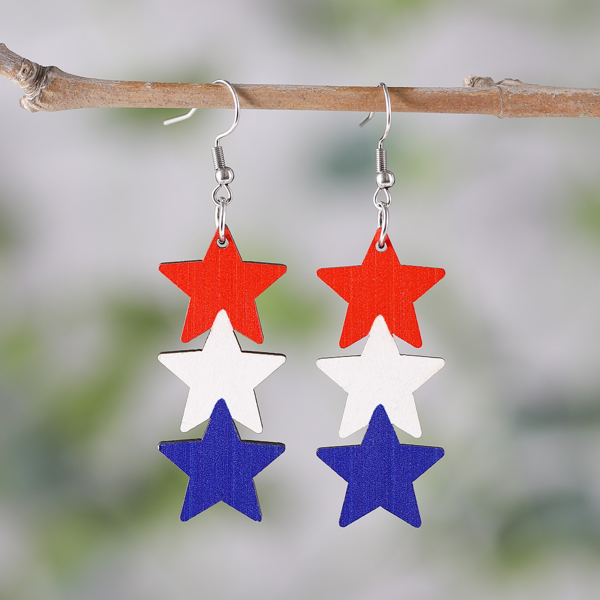 European and American Cross-border American Independence Day Red White Blue 3 Five-pointed Star Pendant Women Double-sided Wooden Earrings