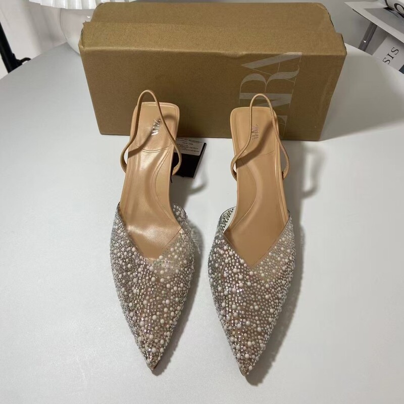 ZA New 2025 Summer Shallow Mouth High-heeled Shoes Women's Rear Empty Pearl-ornament Rear Strap Pointed Heel Sandals for Women