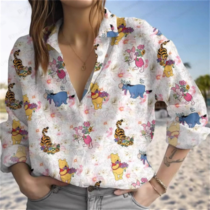 3D Winnie the Pooh Print Women's Long-Sleeved Shirt, Casual, Fashionable, Comfortable and Elegant, Tigger Cartoon Open-Front Design