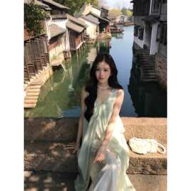 实拍2026夏季艺术生明媚穿搭薄纱背心连衣裙女春夏薄荷曼波绿裙子