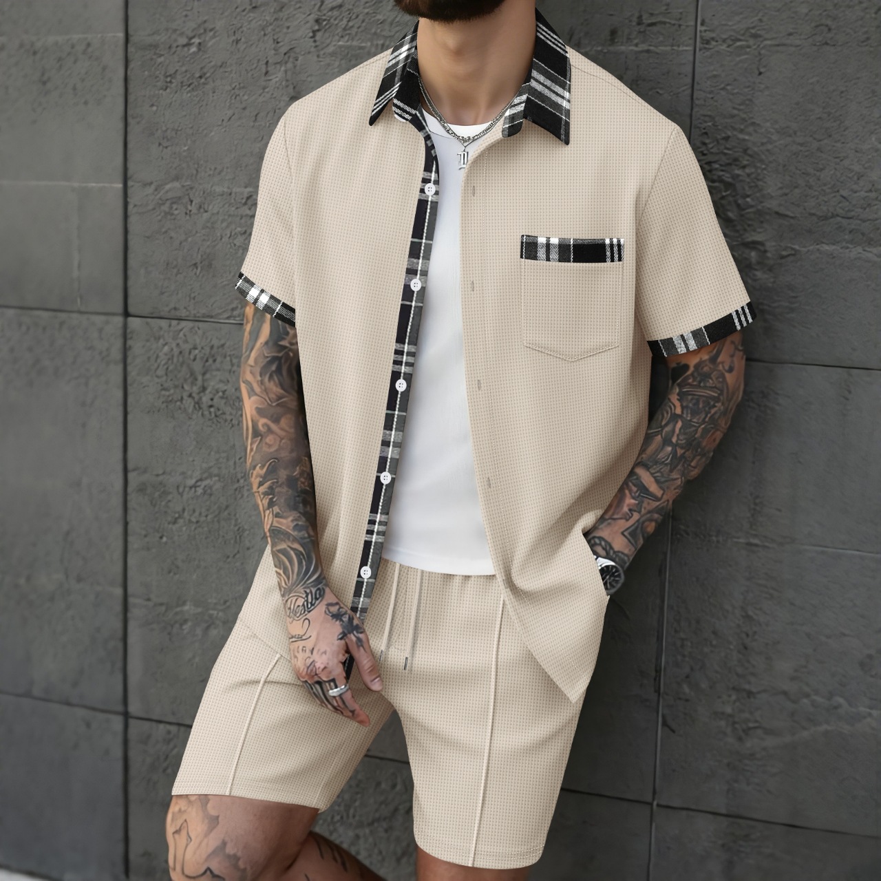 Men's Breathable Waffle Plaid Patchwork Cardigan Shirt And Shorts Set Short Sleeved Casual Suit_viptrois.com