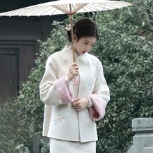 冬款新中式刺绣双面呢羊毛上衣国风复古毛呢外套+半裙套装  NY027