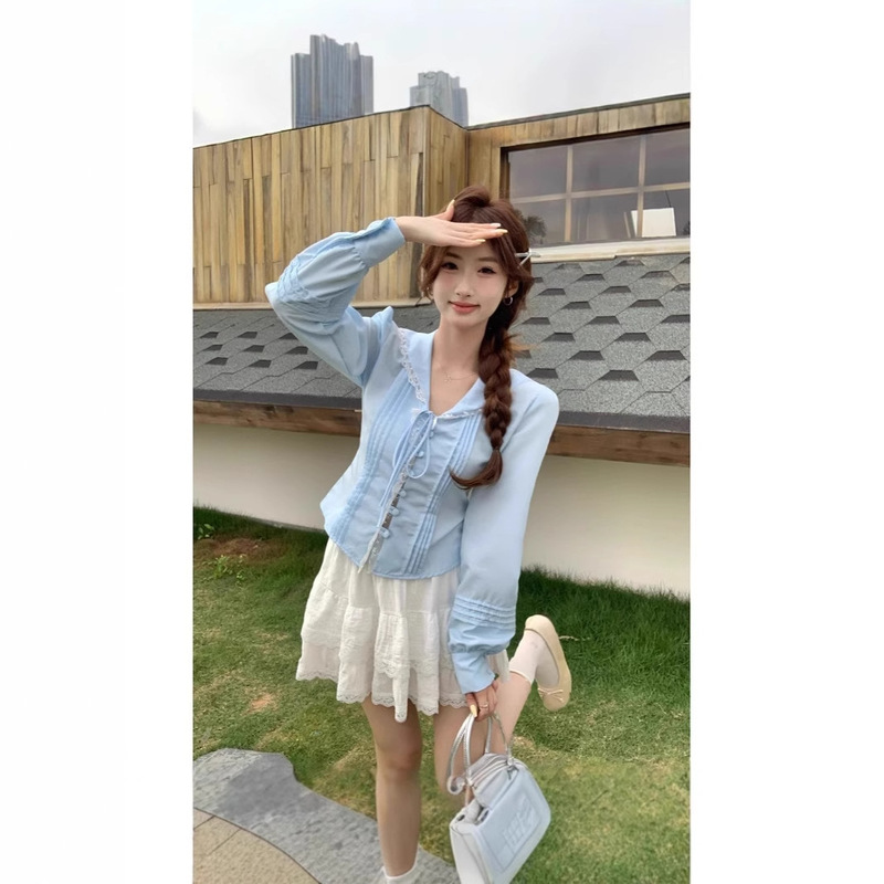 Lace Navy Collar Long Sleeve Shirt Women's 2025 Spring and Summer New Style Chic Design Short Slim Top Lace Navy Collar Long Sleeve Shirt Women's 2025 Spring and Summer New Style Chic Design Short Slim Top