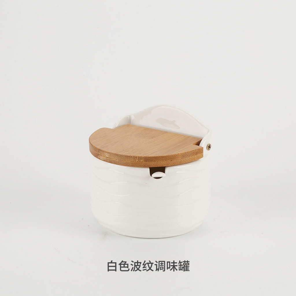 Tarro de condimento de tapa de madera de bambú de cerámica japonesa, caja de condimento, tanque de almacenamiento de condimento de cocina, juego de tarro de azúcar de sal para el hogar de restaurante