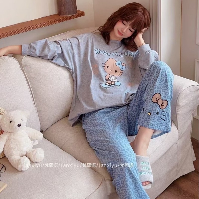 2025 New Cartoon Kitten Casual Cotton Pajamas for Women, Round Neck, Long Sleeves, Long Pants, Two-Piece Set, Home Wear, Wide-Leg, Loose Fit