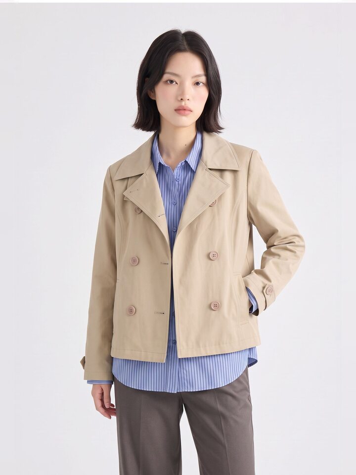 Áo khoác gió nữ dáng ngắn cổ vest to, phối cúc đôi — màu kaki