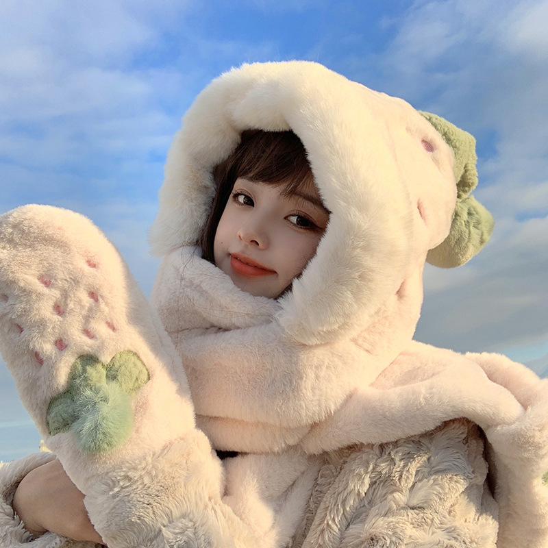 Cappello di Natale per bambini, dolce e carino, sciarpa e guanto di peluche alla fragola, in un unico pezzo, peluche invernale, addensamento caldo tre_voghion.com