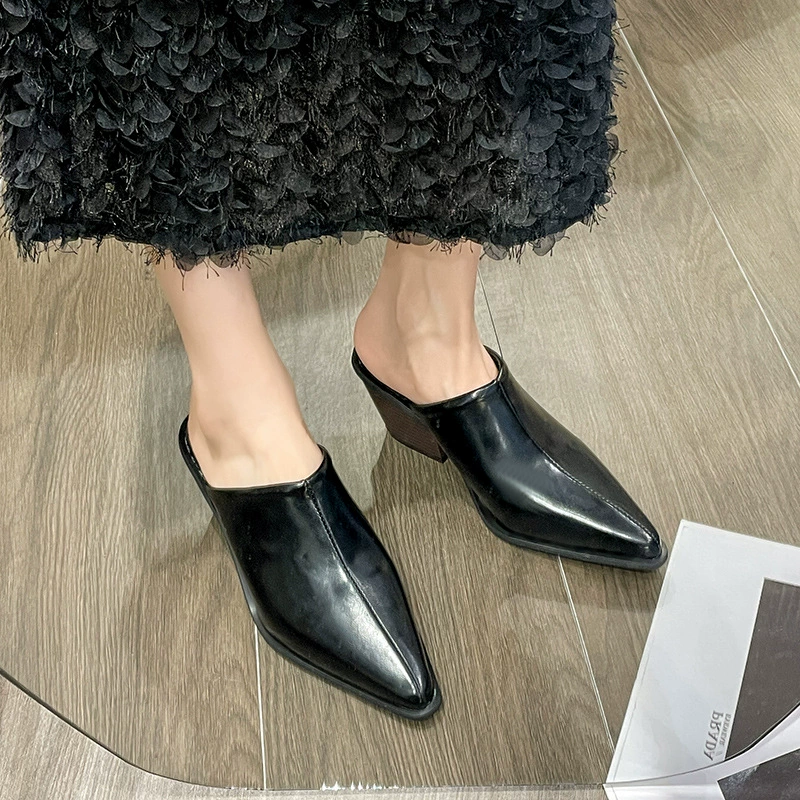 In 2024, European and American pointed heel sandals slope Baotou Mueller shoes handsome half dragging women's shoes new banquet shoes