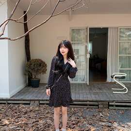 黑色波点长袖衬衫连衣裙女秋季新款雪纺v领短裙高级感a字裙子
