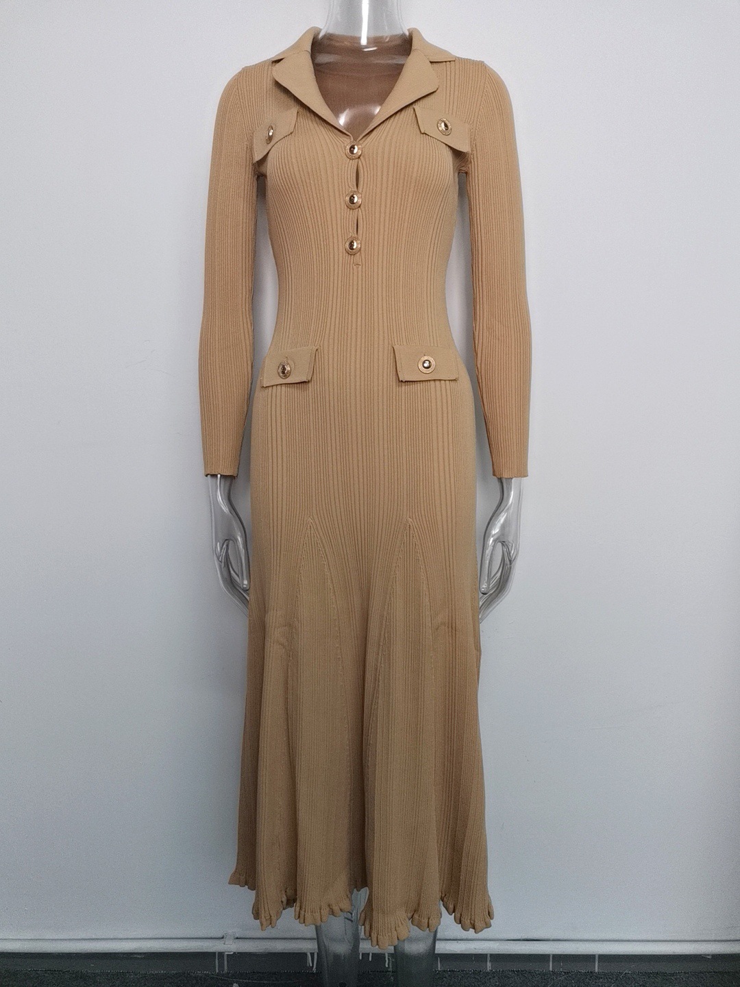 Women's Long Sleeve Blazer Collar Midi Dress Metal Buttons Rib Knit Bodycon Elegant Office Evening Wear Slip Dress_ecoleips.com