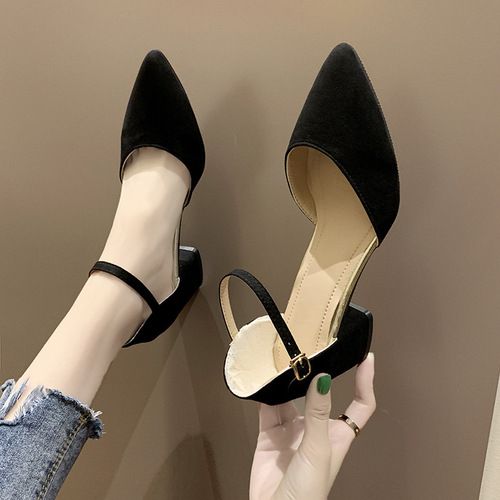 2024 Spring and Summer New French Black High Heels Women's Thick Heel Hollow Fashion Professional One-Buckle Mid-Heel Single Shoes Autumn