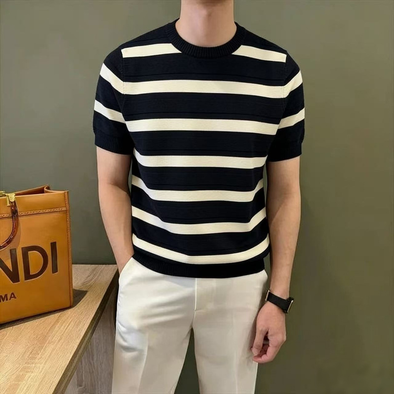 Striped Short-Sleeve T-Shirt for Men, Summer Thin Style, 2026 New Korean Version, Slim Fit, Fashionable Knit Long-Sleeve Shirt
