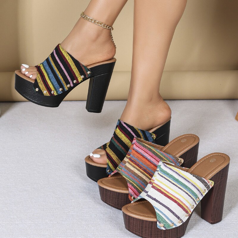 Muller Slippers for Outer Wear, Colorfulful Stripesd Thick Soles, Thick Heels, Fashionable Super High Heel Sandals, Retro Platform Soles, Flip Flops for Women