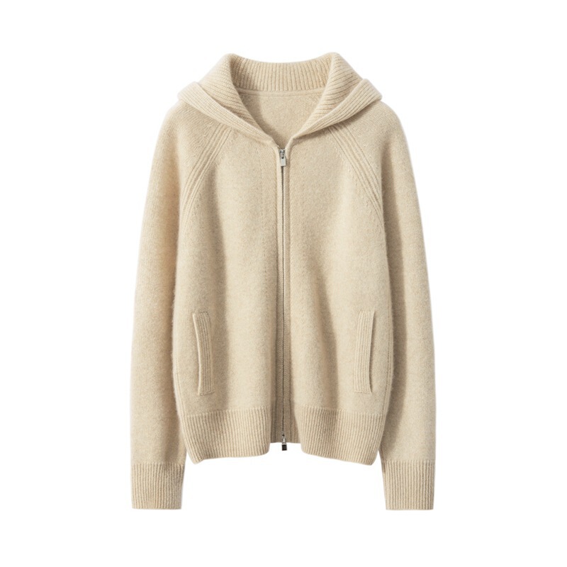 Cashmere Cardigan Women's 100% Pure Cashmere Hooded Sweatshirt Raglan Sleeves Long Sleeves Thick Knitted Sweater Jacket