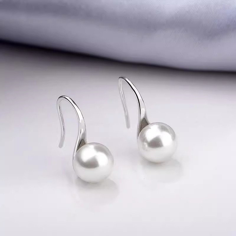 Round pearl S925 silver needle ear hook round pearl 8-14mm earrings high heels spoon-shaped simple and generous temperament