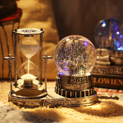 Creative retro crystal ball iron tower hourglass flashing music home desktop decoration ornaments student teacher gift