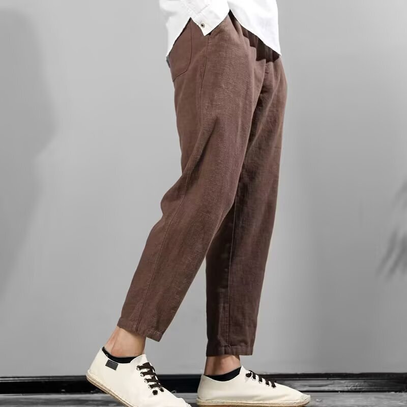 Summer Thin Linen Cropped Pants for Men, Chinese Style Casual Pants, Cotton and Linen Straight Loose Tapered Pants, 9-Point Pants