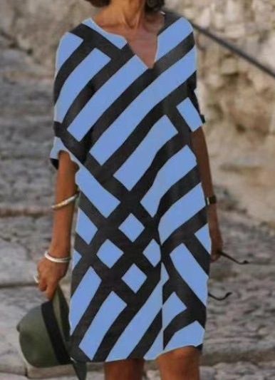 Fashionable V-Neck Striped Printed Mid-Sleeved A-Line Linen Dress_ecoleips.com