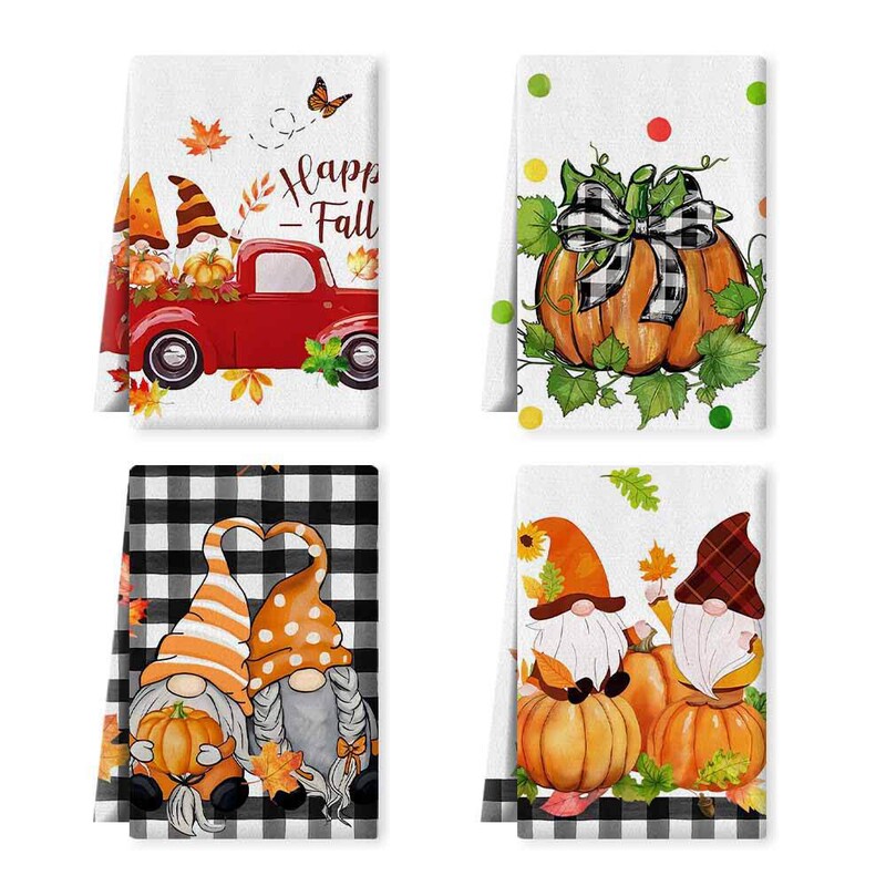 Thanksgiving Autumn Dish Towel Plaid Gnome Pumpkin Truck Microfiber Decorative Seasonal Towel Dishcloth