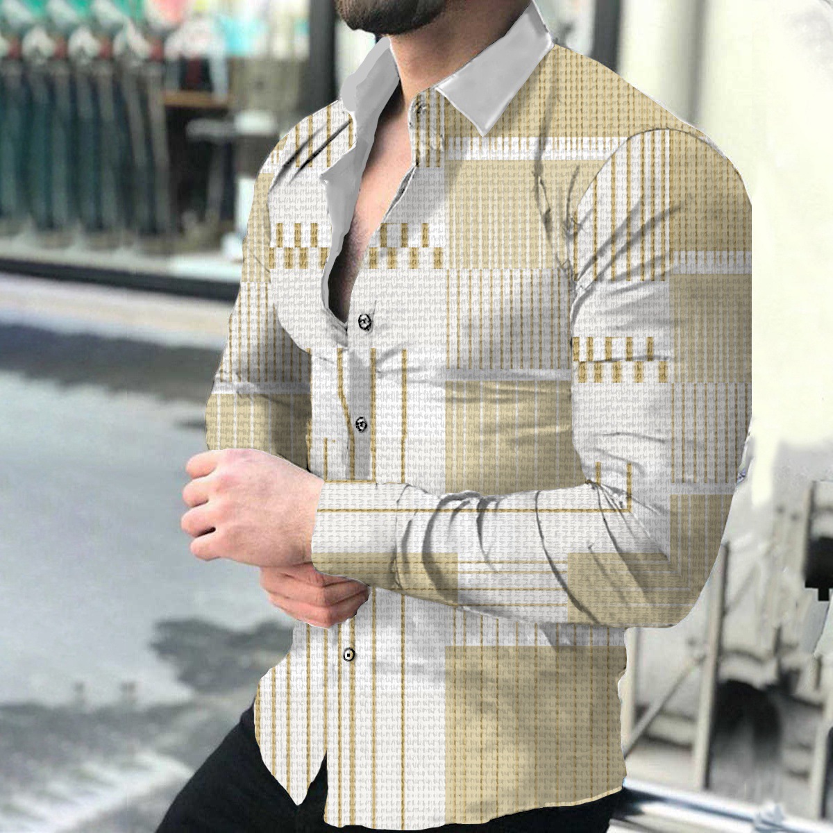 Ropa de hombre europea y americana de comercio exterior nueva personalidad casual de otoño camisa impresa de manga larga de los hombres de moda más camisa de tamaño