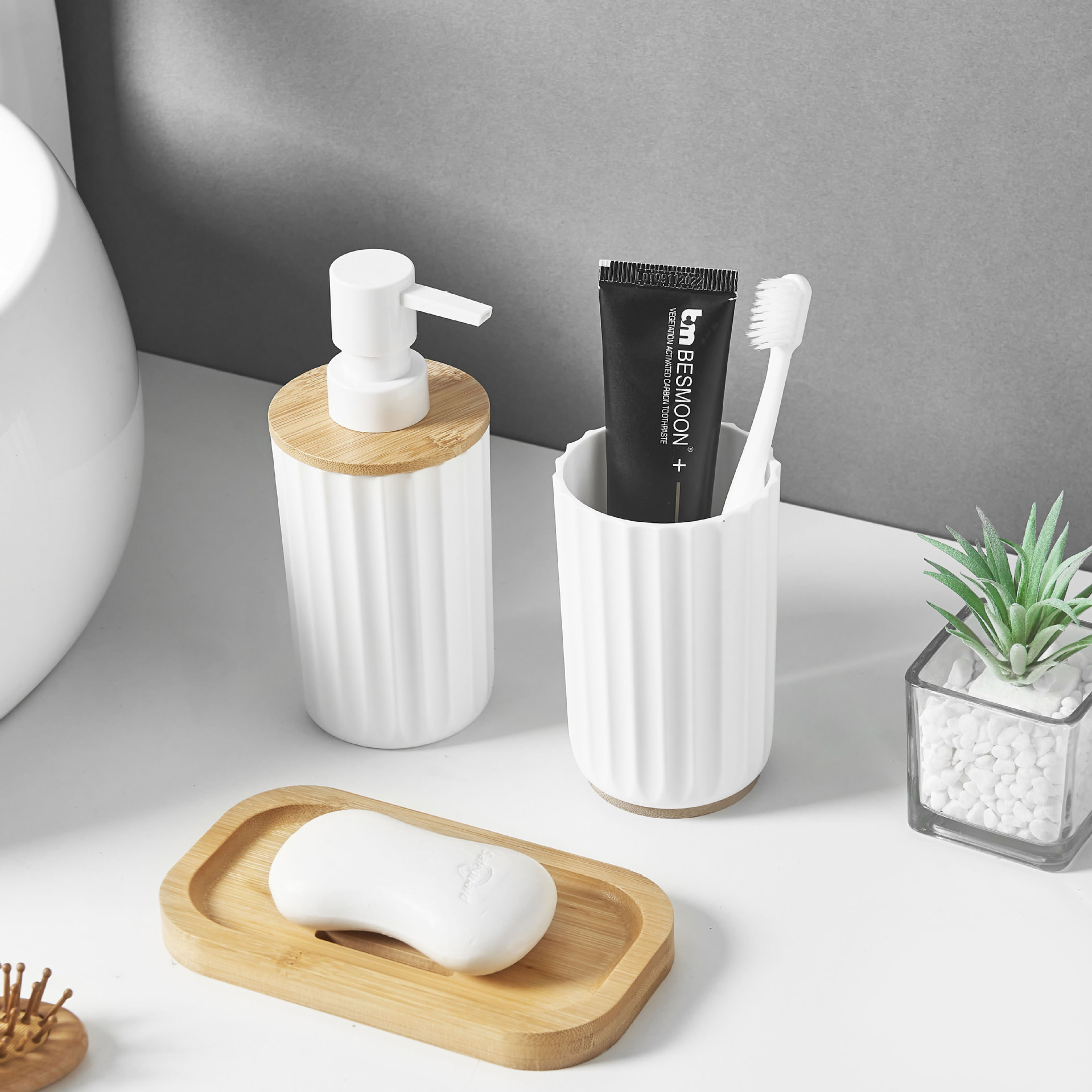 Cubierta de bambú ondas de baño 3 piezas set de artículos de baño enjuague bucal soporte de cepillo de dientes botella de loción de bambú jabon soporte de caja