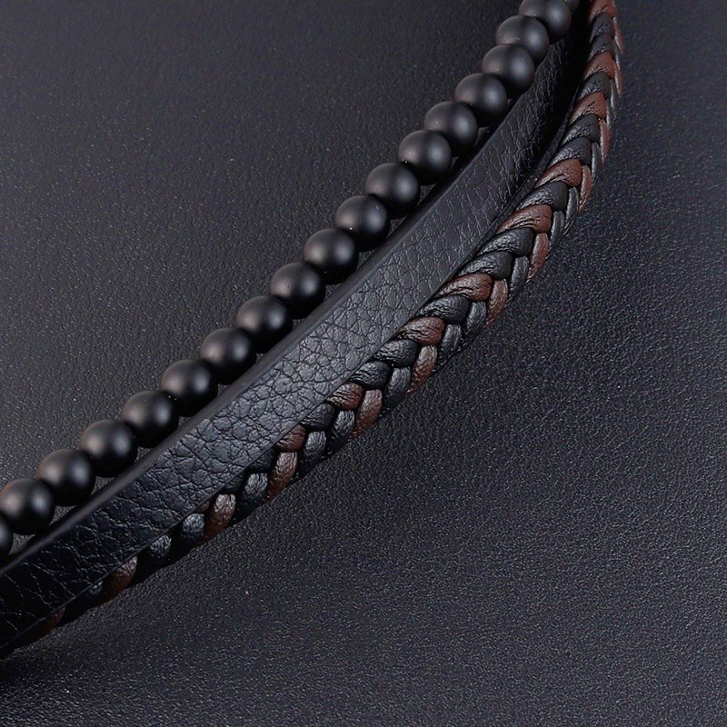 TEMU hot -selling cross -border natural stone volcanic stone bracelet Multi -layer men's leather bracelet