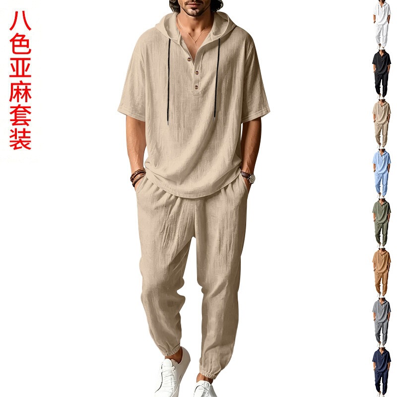 European and American Cross-Border Summer Men's Casual Loose Linen Beach Vacation Breathable Hooded Henley Short-Sleeve Long Pants Set