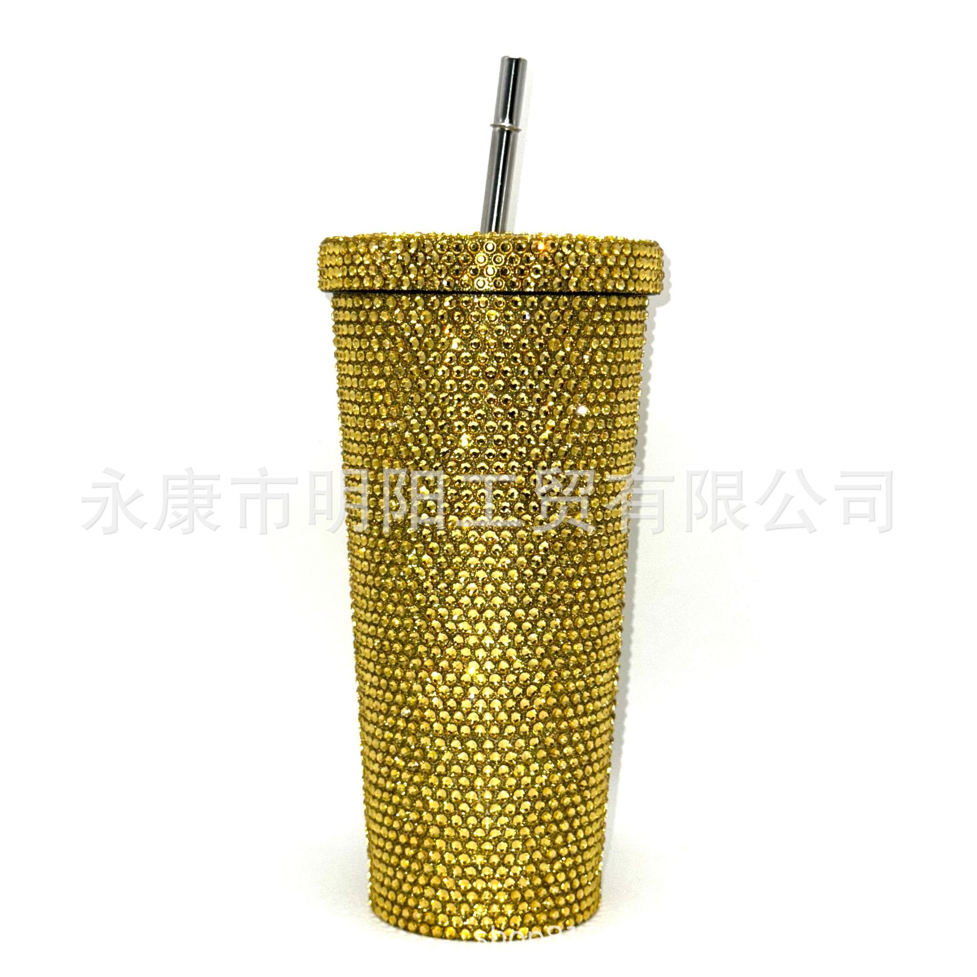 Taza de vacío incrustada en diamantes Taza de paja de acero inoxidable de doble capa Taza de regalo taza de café de diamantes de imitación Taza de bebida de diamantes de imitación incrustada en diamantes