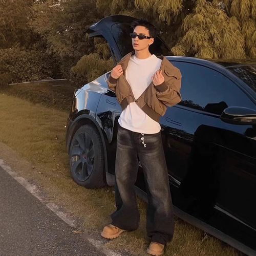 Leather brown short sleeve workwear jacket for men, spring and autumn wash streetwear baseball jacket, American retro Harrington jacket