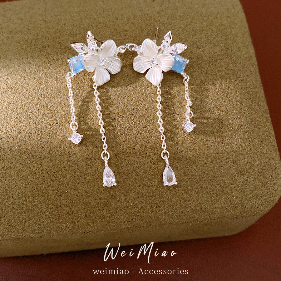 Aguja de plata zircon goteo flor pernos frescos y dulces temperamento amplio aretes ligeros de lujo alta sensación de aretes image 1