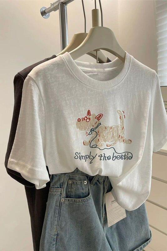 2026 Trendy Round-Neck Snowflake Cotton Short-Sleeve T-Shirt for Women, White Korean Style, Youthful Versatile Slim-Fit Top, Summer Thin Version